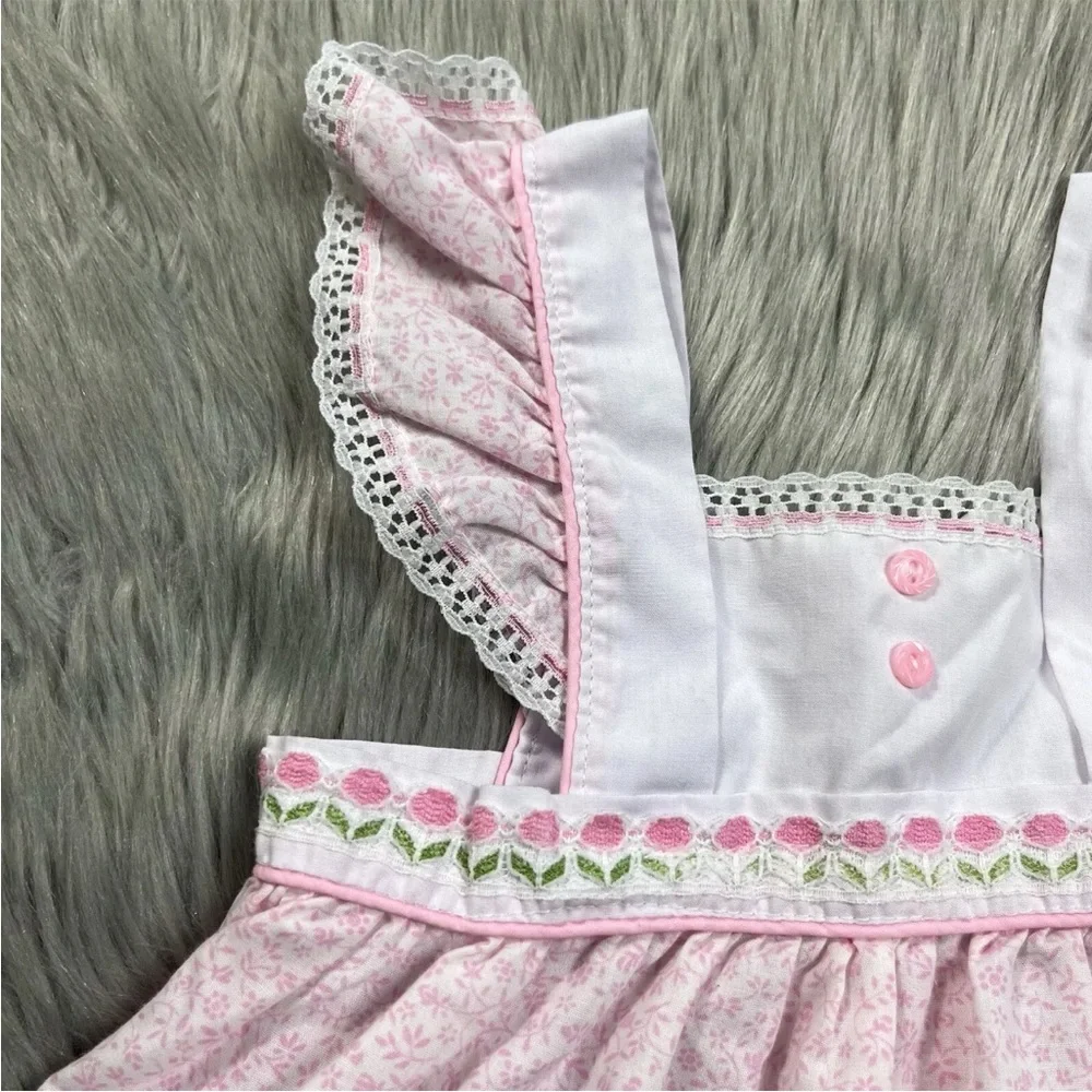 Vintage Baby Girls Pink Floral Ruffle Flutter Sleeve Pinafore Dress